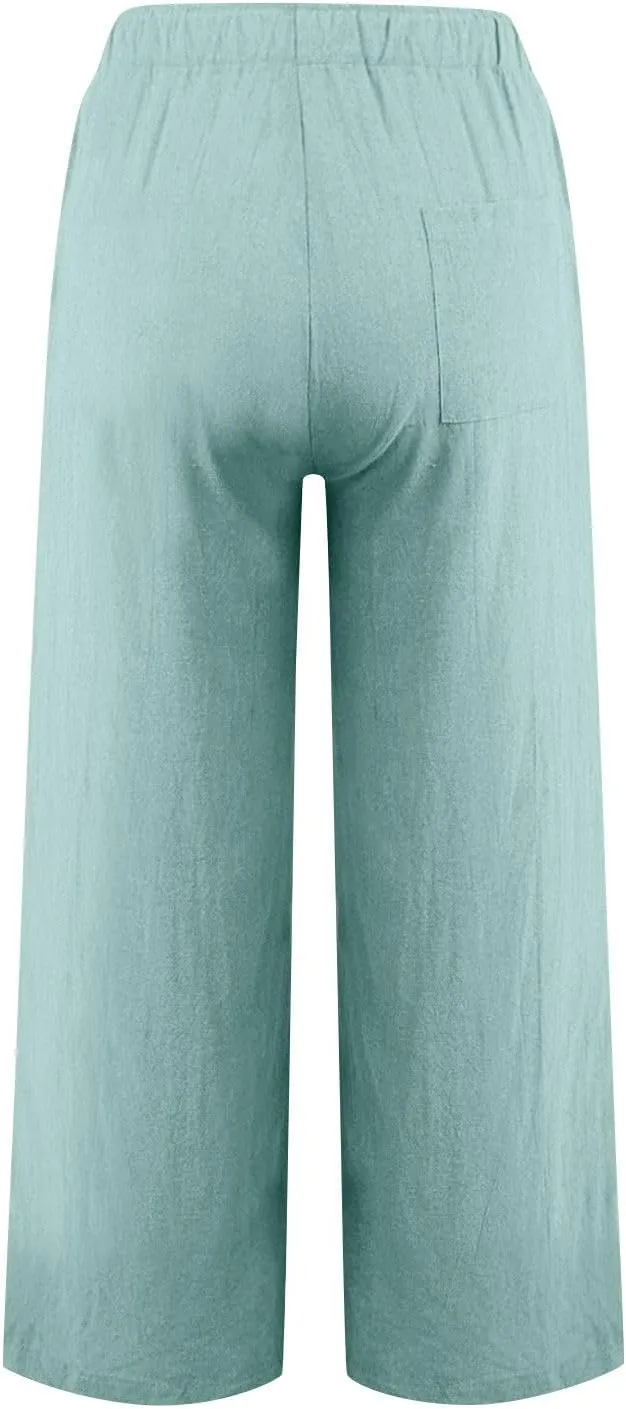 Linen Pants Women High Waisted Drawstring Palazzo Pant 2025 Summer Flowy Cotton Linen Beach Slack Trousers with Pocket
