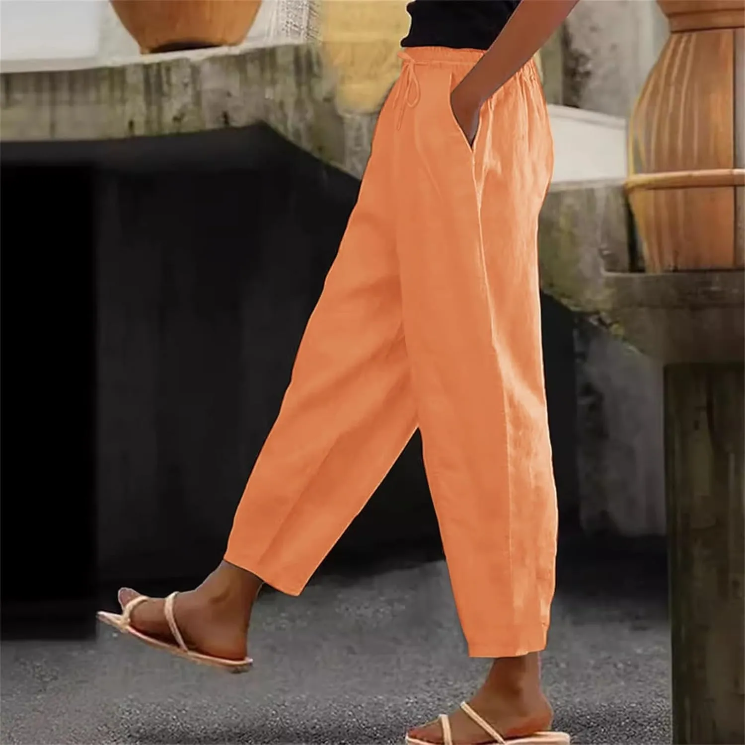 Linen Pants Women Summer High Elastic Waist Drawstring Palazzo Pants Straight Leg Slacks Cropped Trousers with Pockets