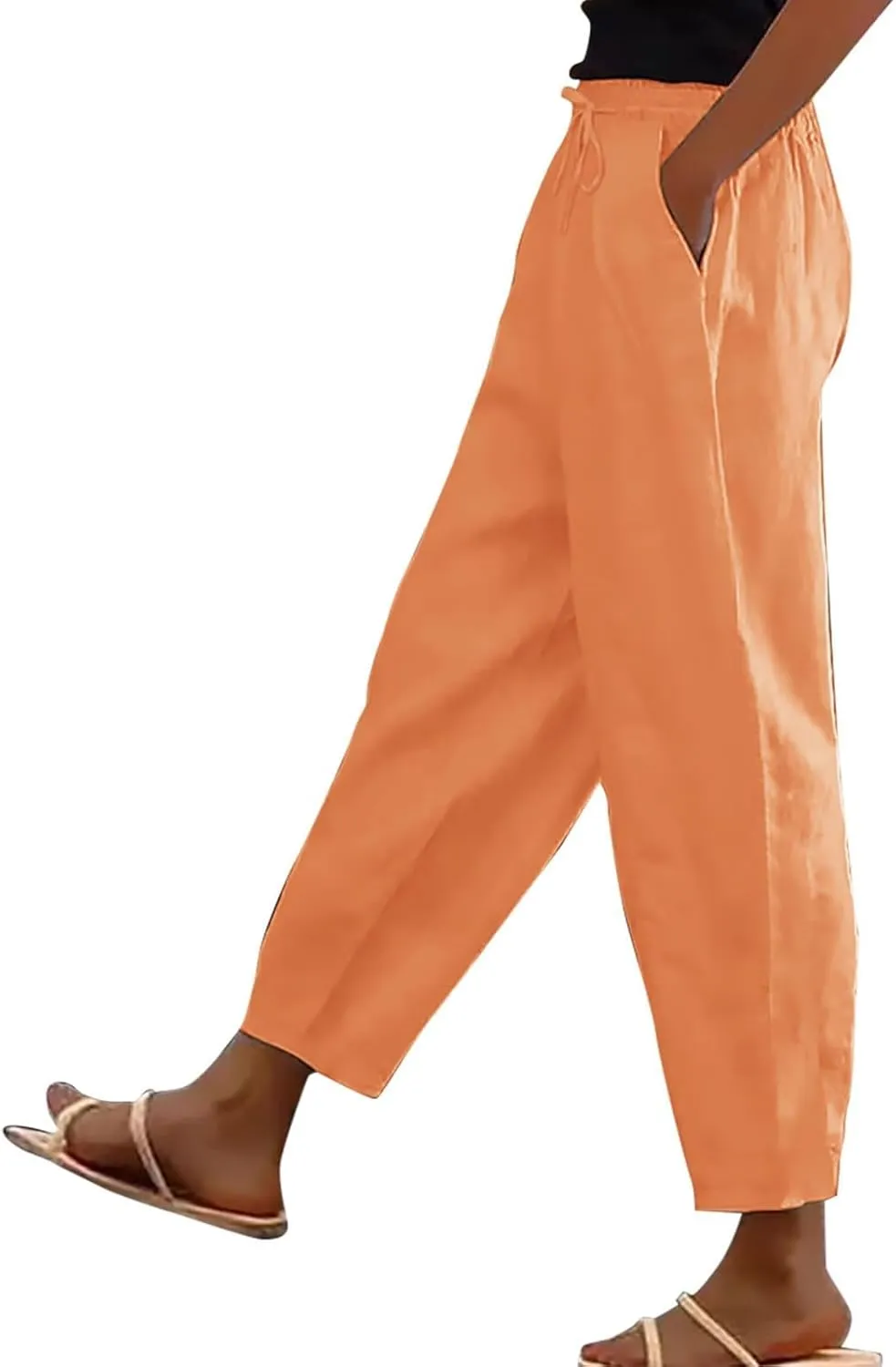 Linen Pants Women Summer High Elastic Waist Drawstring Palazzo Pants Straight Leg Slacks Cropped Trousers with Pockets