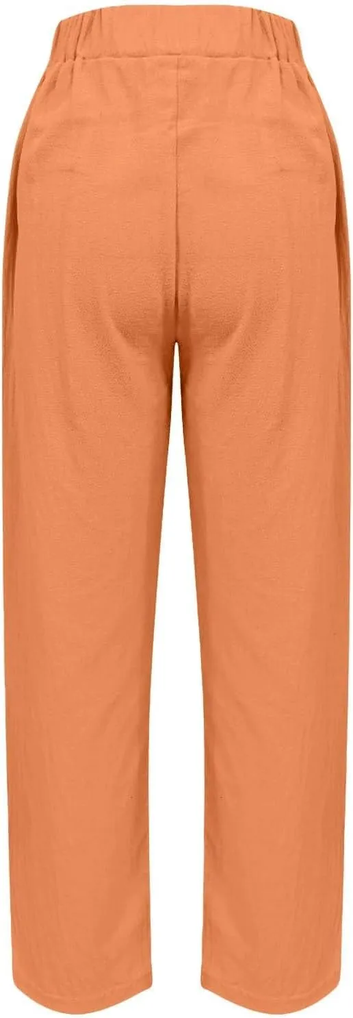 Linen Pants Women Summer High Elastic Waist Drawstring Palazzo Pants Straight Leg Slacks Cropped Trousers with Pockets