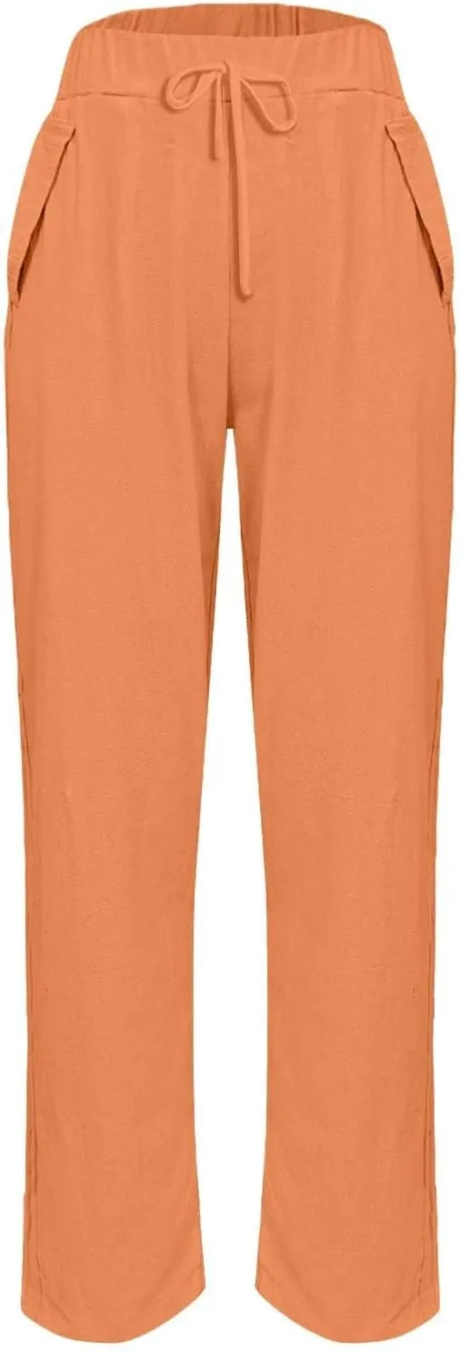 Linen Pants Women Summer High Elastic Waist Drawstring Palazzo Pants Straight Leg Slacks Cropped Trousers with Pockets