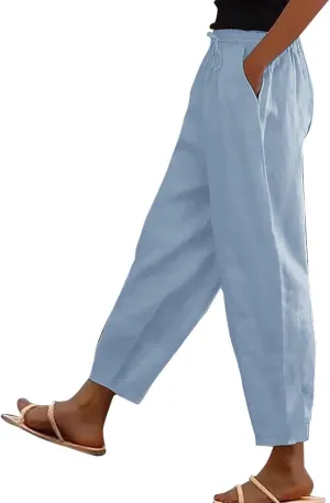 Linen Pants Womens Summer Straight Leg High Waisted Stretchy Business Work Casual Trousers Lightweight Baggy Beachwear