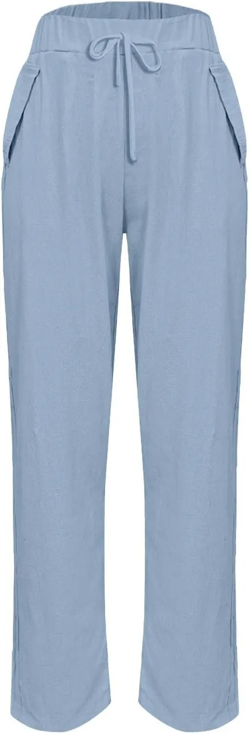Linen Pants Womens Summer Straight Leg High Waisted Stretchy Business Work Casual Trousers Lightweight Baggy Beachwear