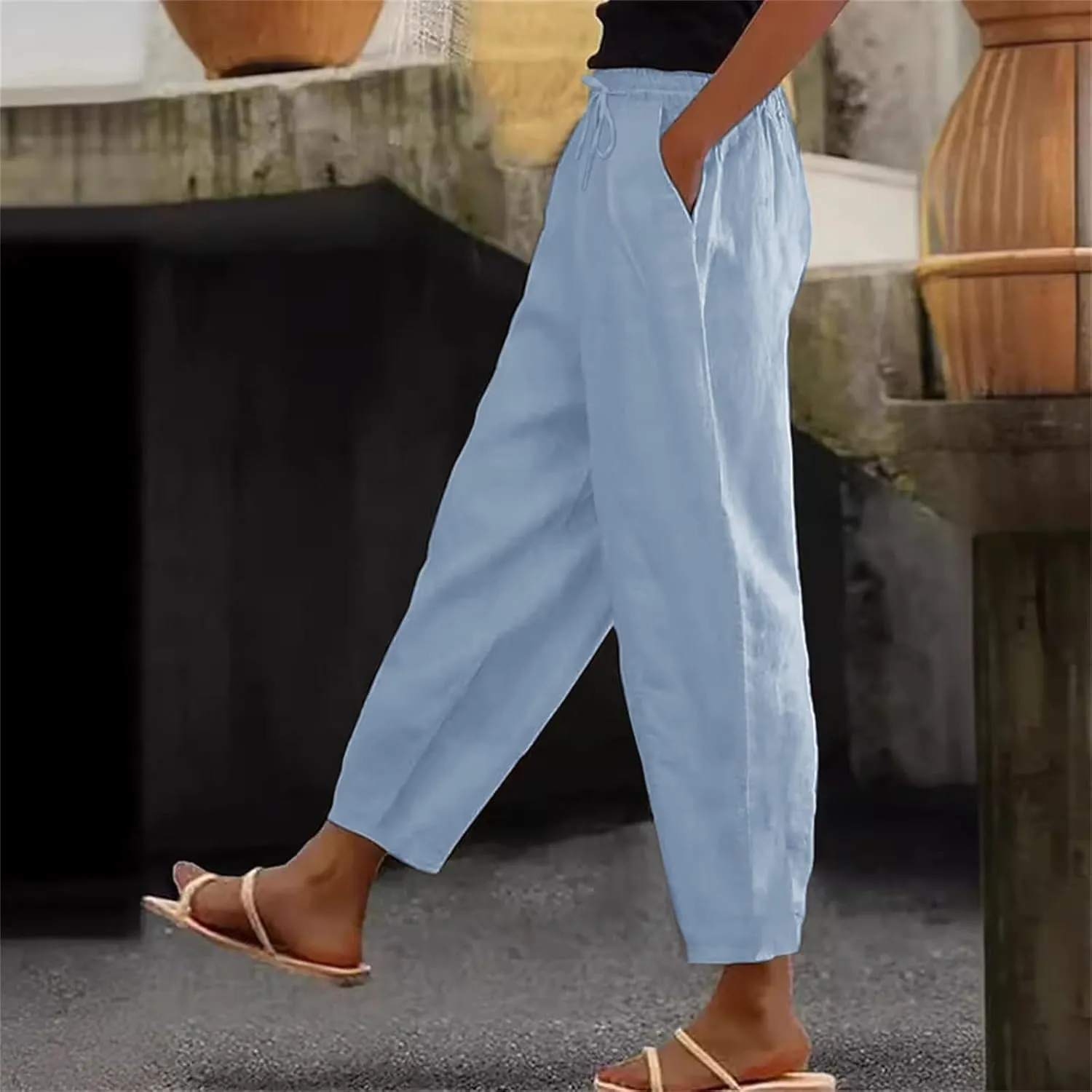 Linen Pants Womens Summer Straight Leg High Waisted Stretchy Business Work Casual Trousers Lightweight Baggy Beachwear