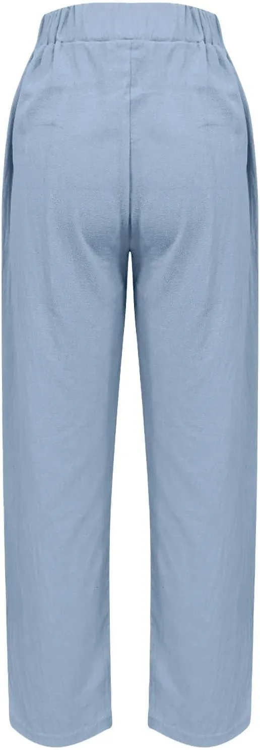 Linen Pants Womens Summer Straight Leg High Waisted Stretchy Business Work Casual Trousers Lightweight Baggy Beachwear