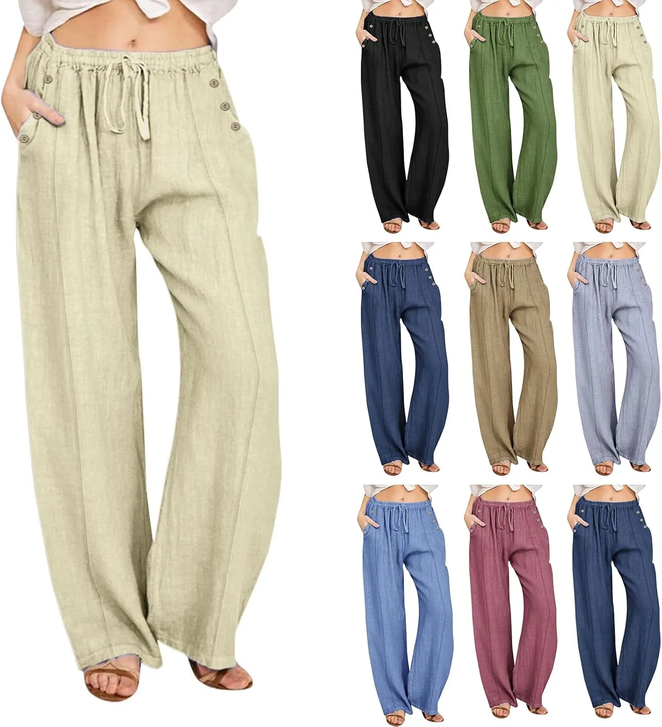 Linen Summer Pants for Women 2025 Trendy Casual High Waist Palazzo Drawstring Trousers Lounge Loose Pants