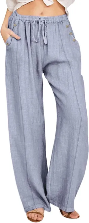 Linen Summer Pants for Women 2025 Trendy Casual High Waist Palazzo Drawstring Trousers Lounge Loose Pants