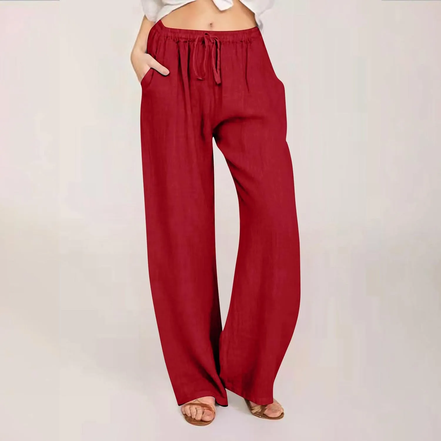 Linen Summer Pants Women 2025 Trendy Casual High Waist Drawstring Loose Trousers Lightweight Long Palazzo Gauze Slacks