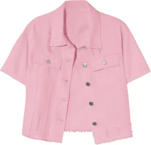 Locachy Women's Summer Short Sleeve Denim Jacket Casual Lapel Button Down Cropped Trucker Jean Jackets Coats