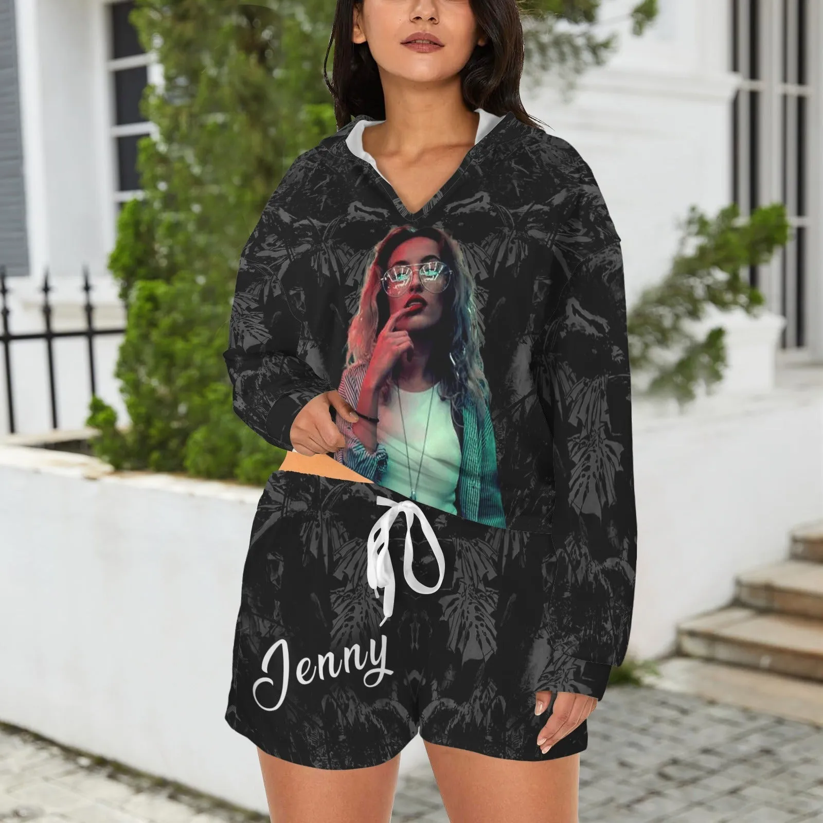 Long Sleeve Hooded Tops & Shorts Set Custom Photo&Name Hoodie 2 Piece Set Hoodie Shirts with Drawstring Shorts