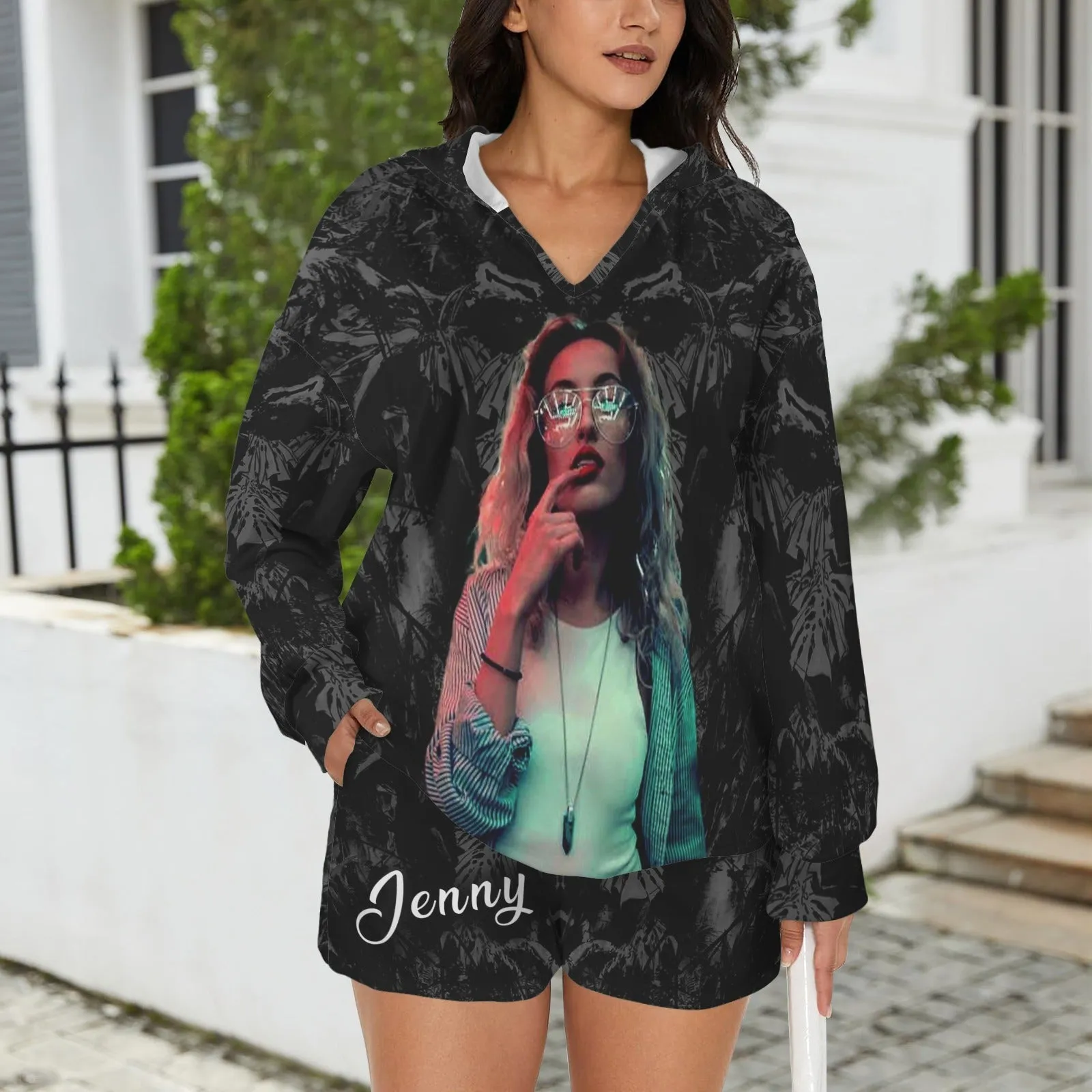 Long Sleeve Hooded Tops & Shorts Set Custom Photo&Name Hoodie 2 Piece Set Hoodie Shirts with Drawstring Shorts