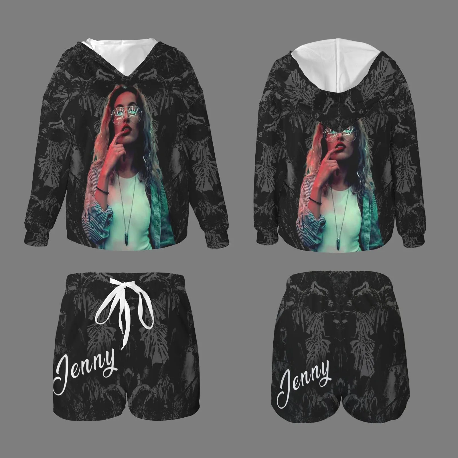 Long Sleeve Hooded Tops & Shorts Set Custom Photo&Name Hoodie 2 Piece Set Hoodie Shirts with Drawstring Shorts