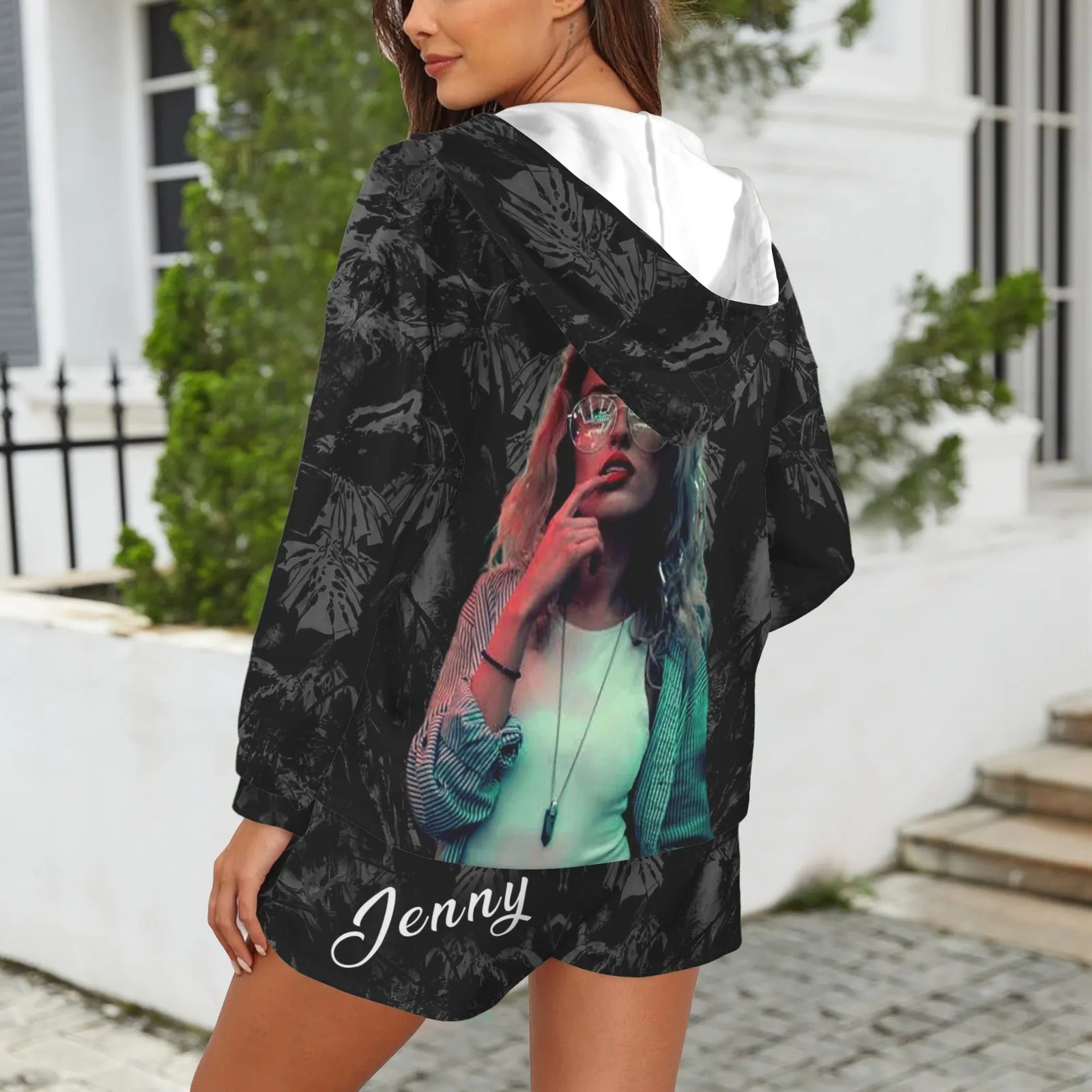 Long Sleeve Hooded Tops & Shorts Set Custom Photo&Name Hoodie 2 Piece Set Hoodie Shirts with Drawstring Shorts