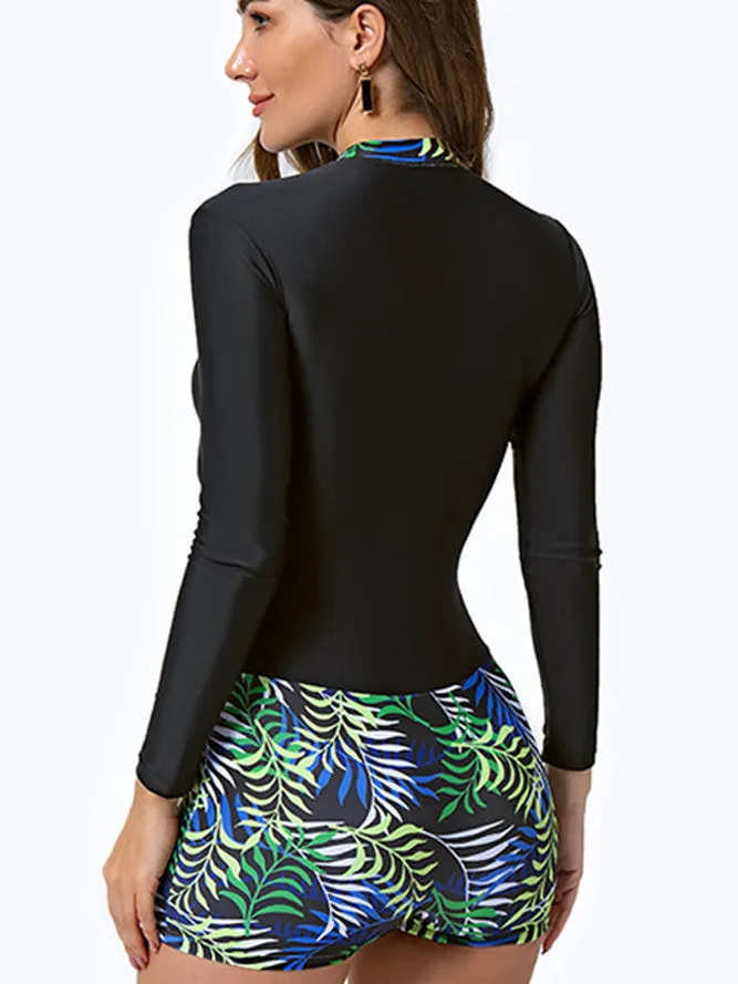 Long-sleeved printed slim-fitting and sexy belly-covering one-piece swimsuit UPF50  Rash Guard