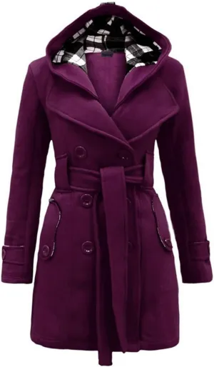 Long Trench Coat for Women Double-Breasted Belted Wool Coats Casual Loose Notch Lapel Hooded Pea Coat Outwear