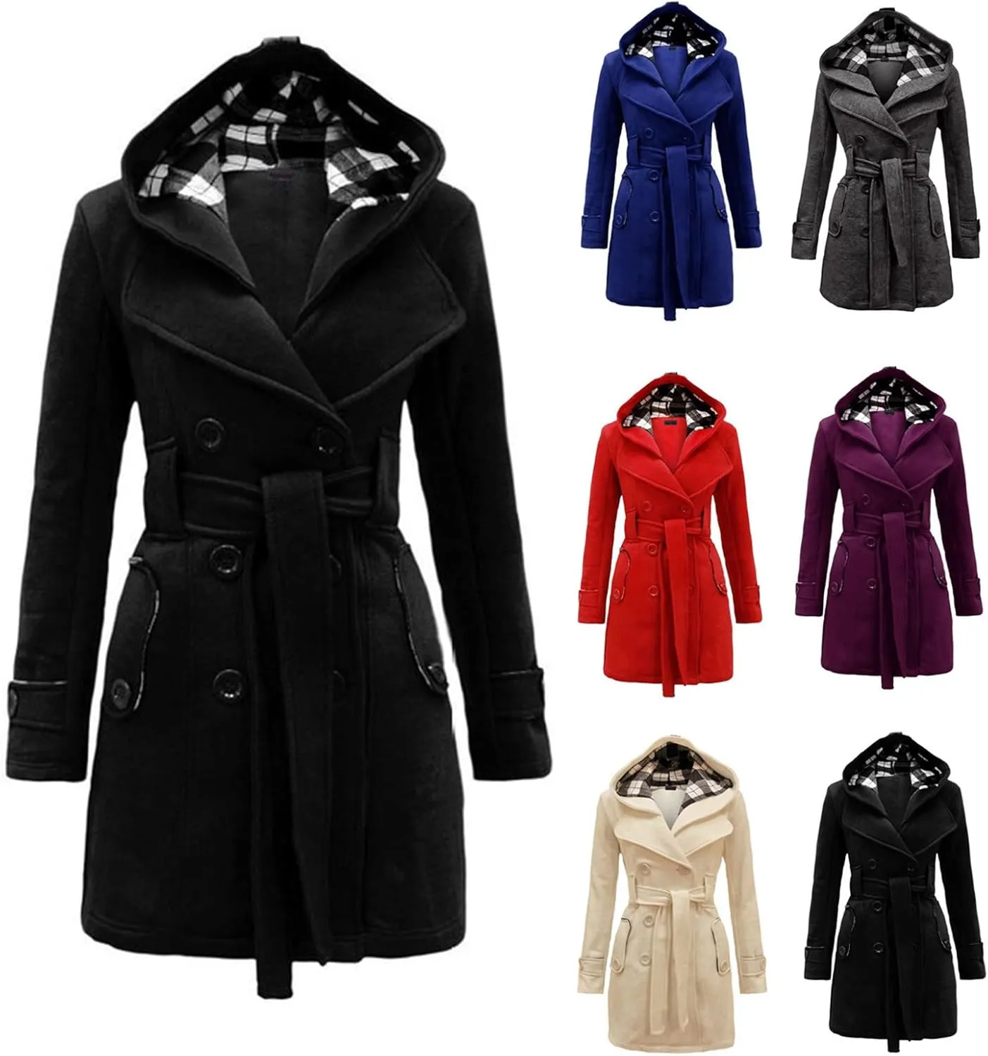 Long Trench Coat for Women Double-Breasted Belted Wool Coats Casual Loose Notch Lapel Hooded Pea Coat Outwear