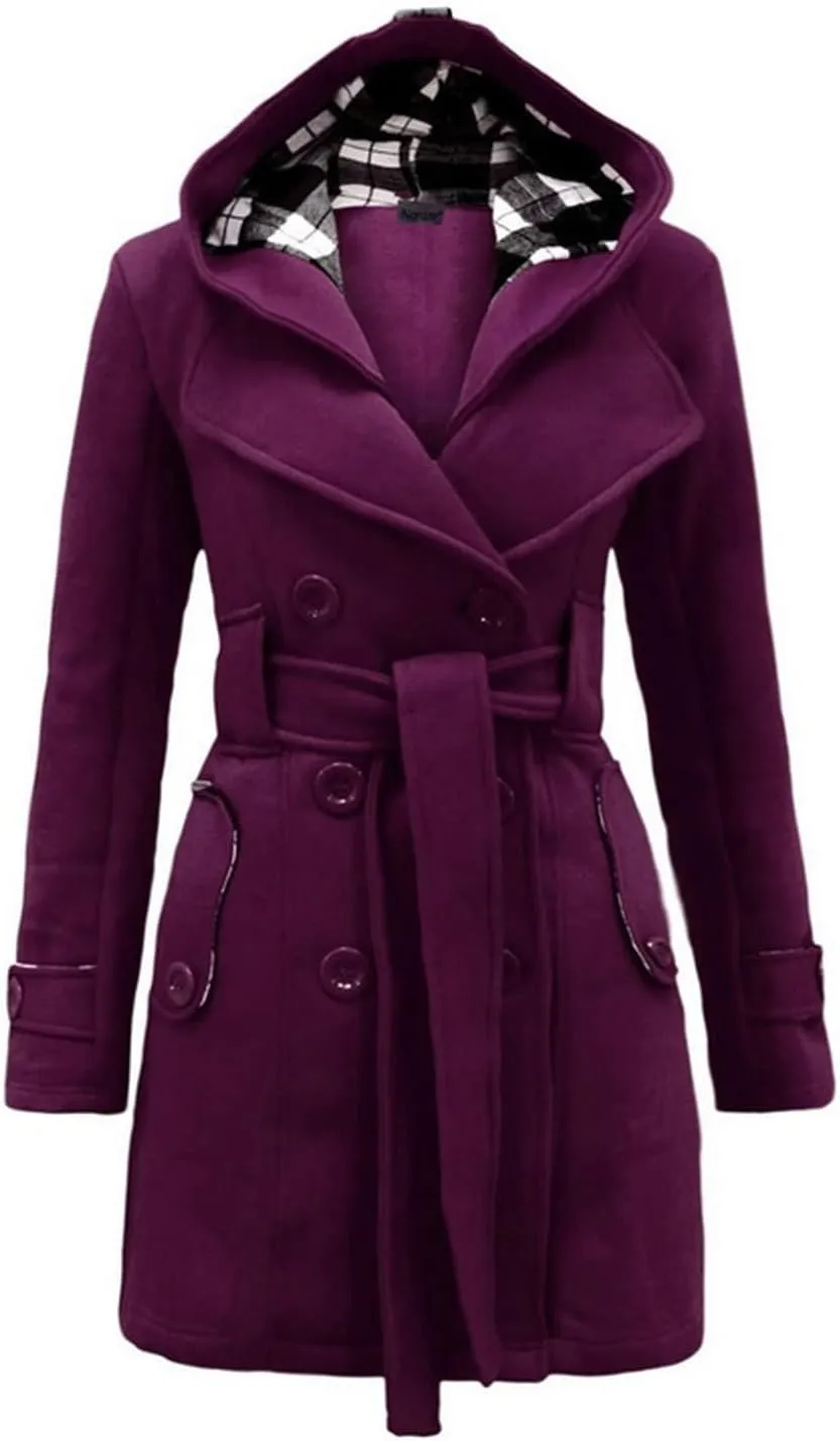 Long Trench Coat for Women Double-Breasted Belted Wool Coats Casual Loose Notch Lapel Hooded Pea Coat Outwear
