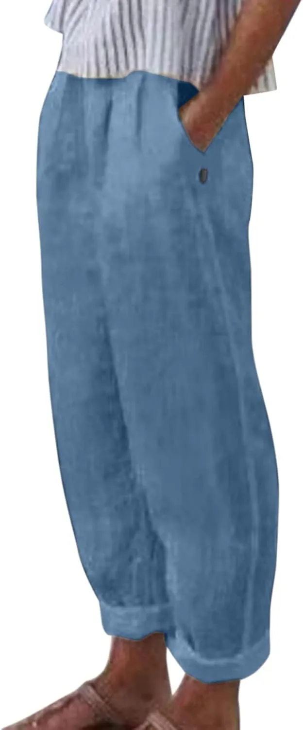 Loose Trousers For Women High Waisted Wide Leg Pants Linen Pants Summer Boho Dressy Ankle Cropped Pant Baggy Capris