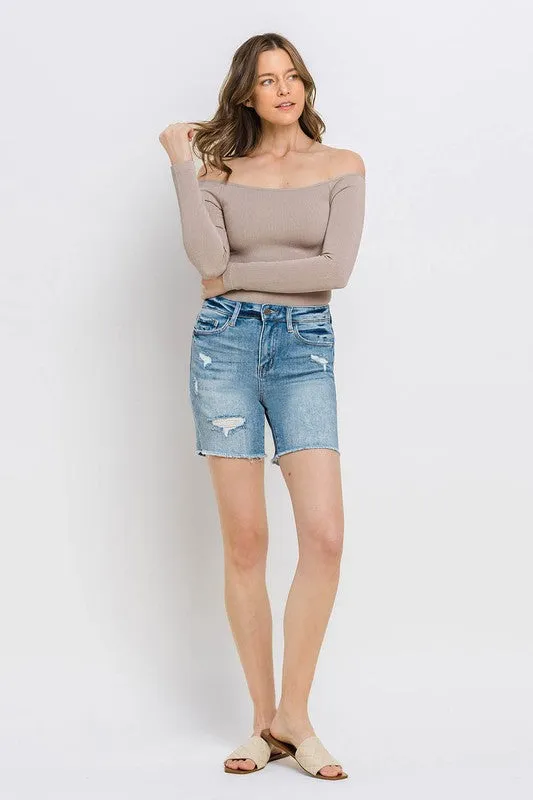 Loretta Midi Cut-Off Distressed Shorts - Lt Blue