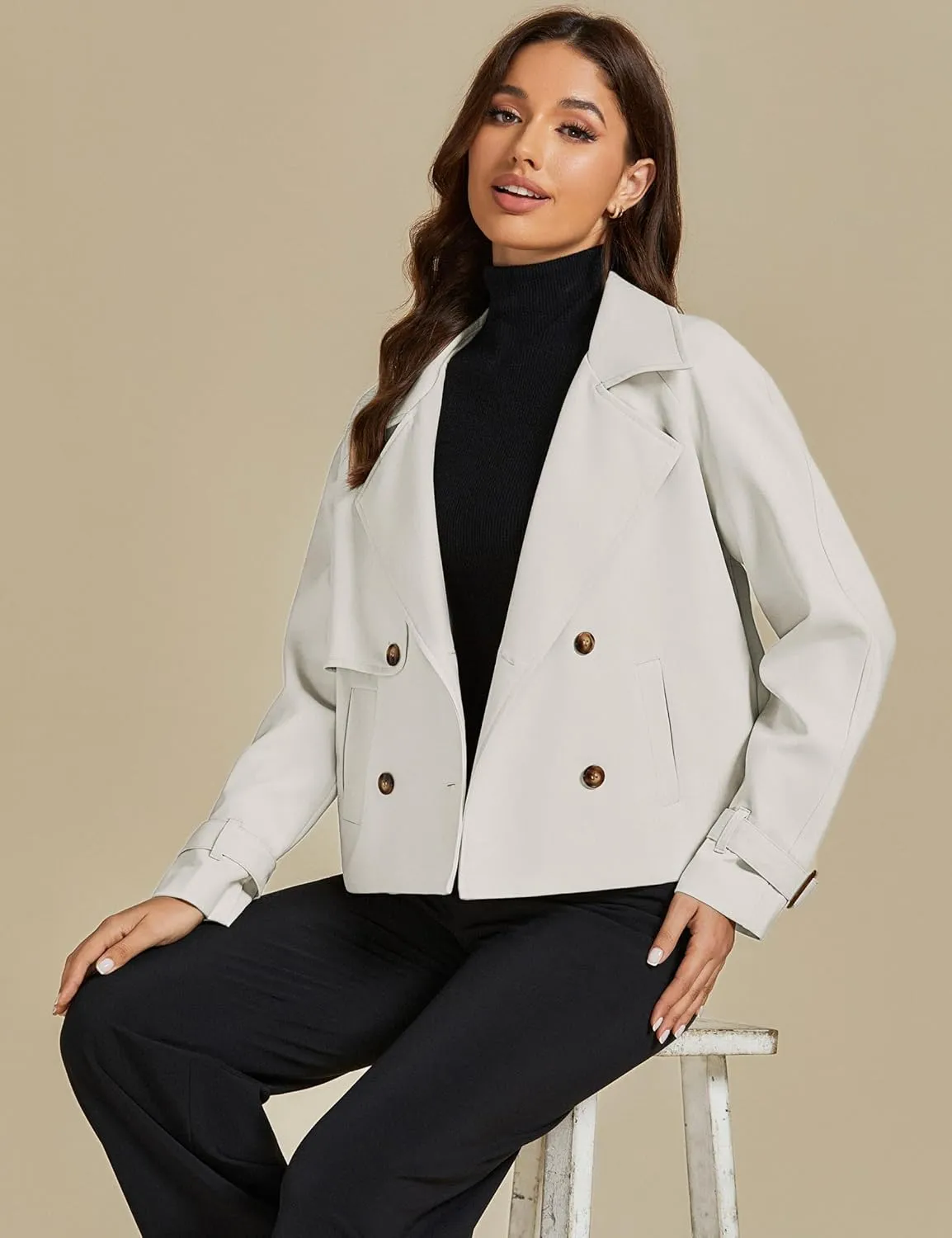 luvamia Cropped Trench Coat for Women Long Sleeve Double Breasted Notched Lapel Casual Loose Fit Jackets with Pockets