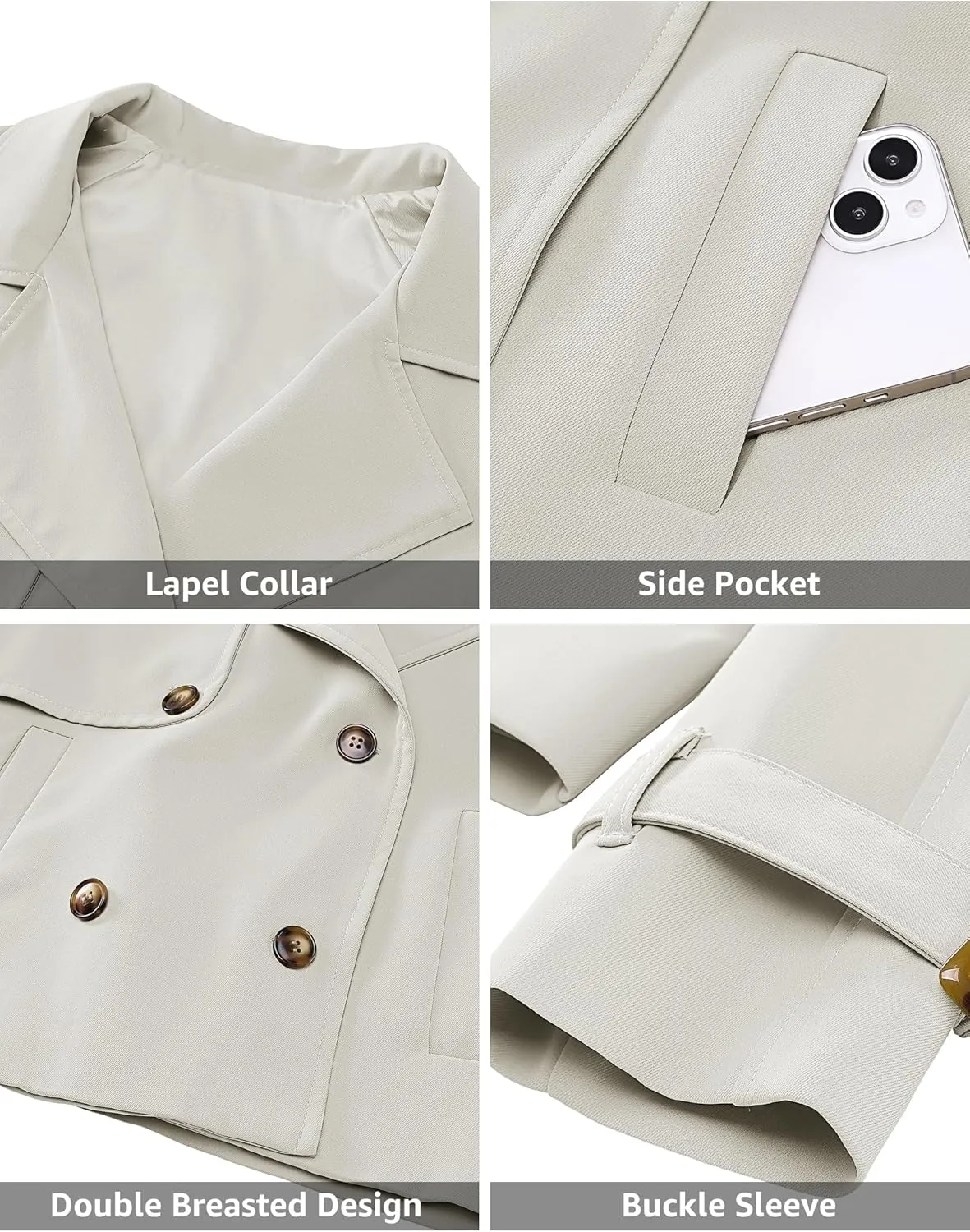 luvamia Cropped Trench Coat for Women Long Sleeve Double Breasted Notched Lapel Casual Loose Fit Jackets with Pockets