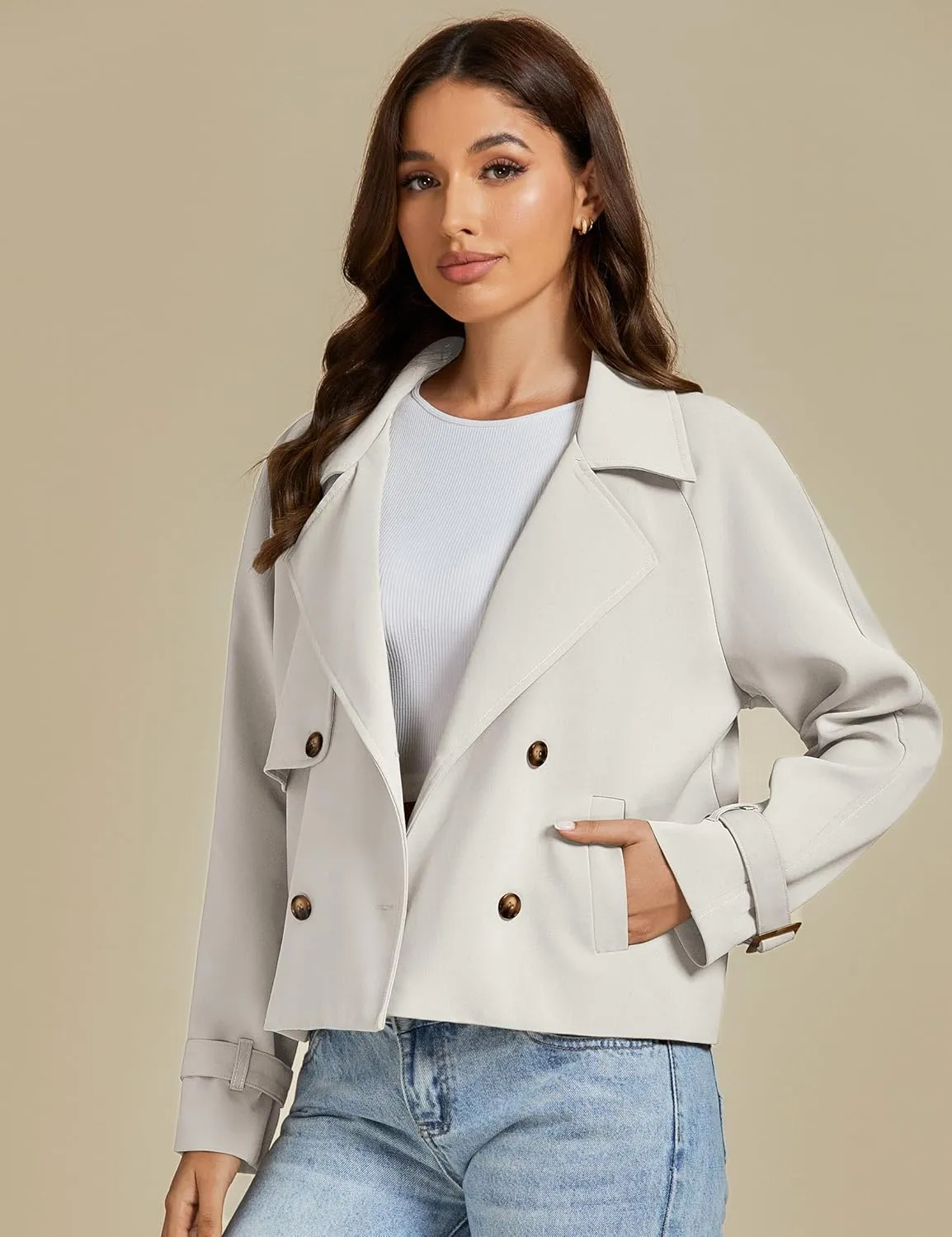 luvamia Cropped Trench Coat for Women Long Sleeve Double Breasted Notched Lapel Casual Loose Fit Jackets with Pockets