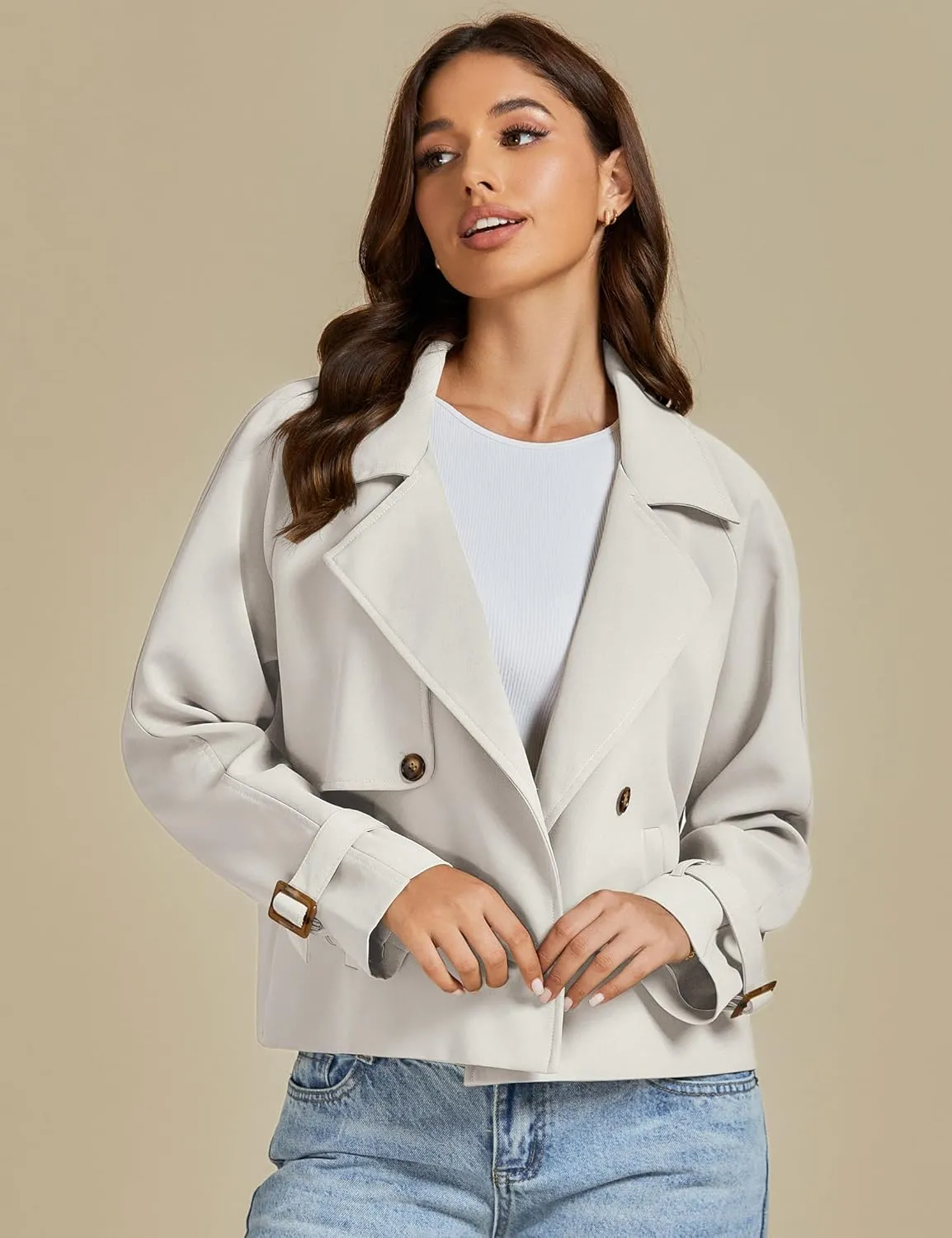 luvamia Cropped Trench Coat for Women Long Sleeve Double Breasted Notched Lapel Casual Loose Fit Jackets with Pockets