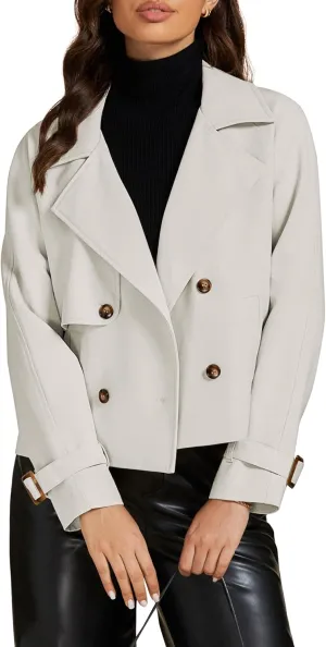 luvamia Cropped Trench Coat for Women Long Sleeve Double Breasted Notched Lapel Casual Loose Fit Jackets with Pockets