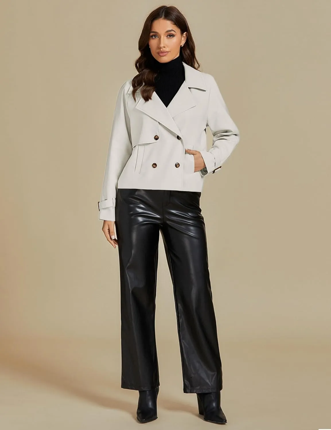 luvamia Cropped Trench Coat for Women Long Sleeve Double Breasted Notched Lapel Casual Loose Fit Jackets with Pockets