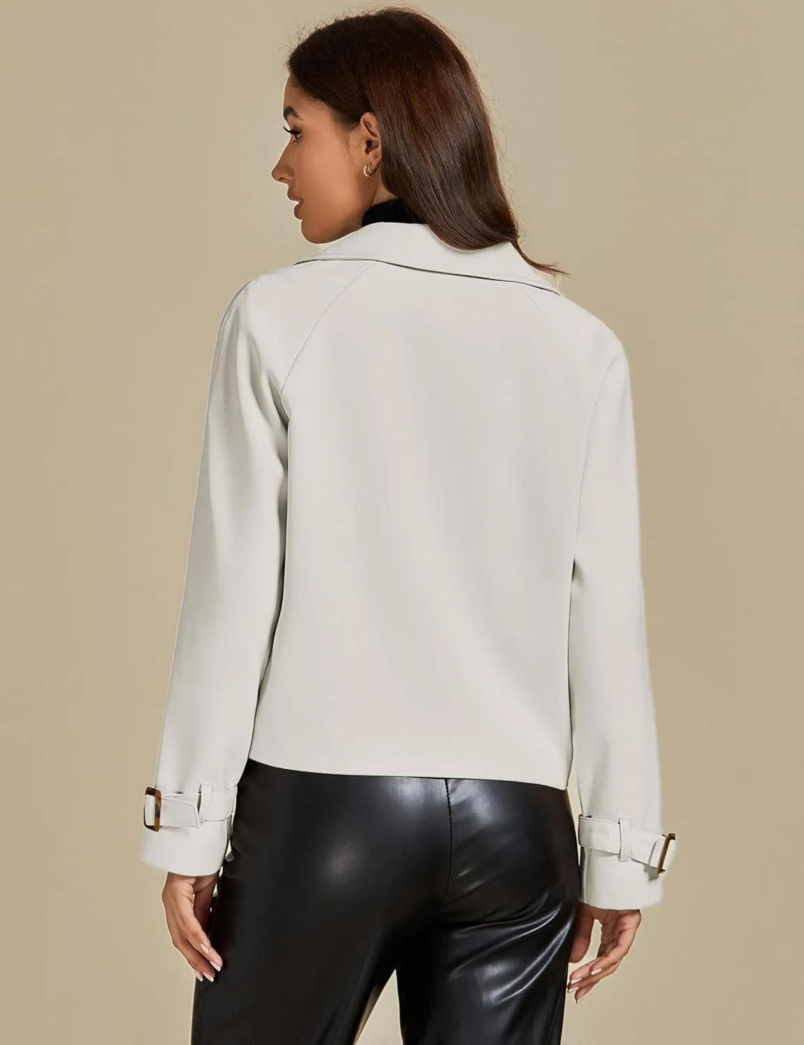 luvamia Cropped Trench Coat for Women Long Sleeve Double Breasted Notched Lapel Casual Loose Fit Jackets with Pockets