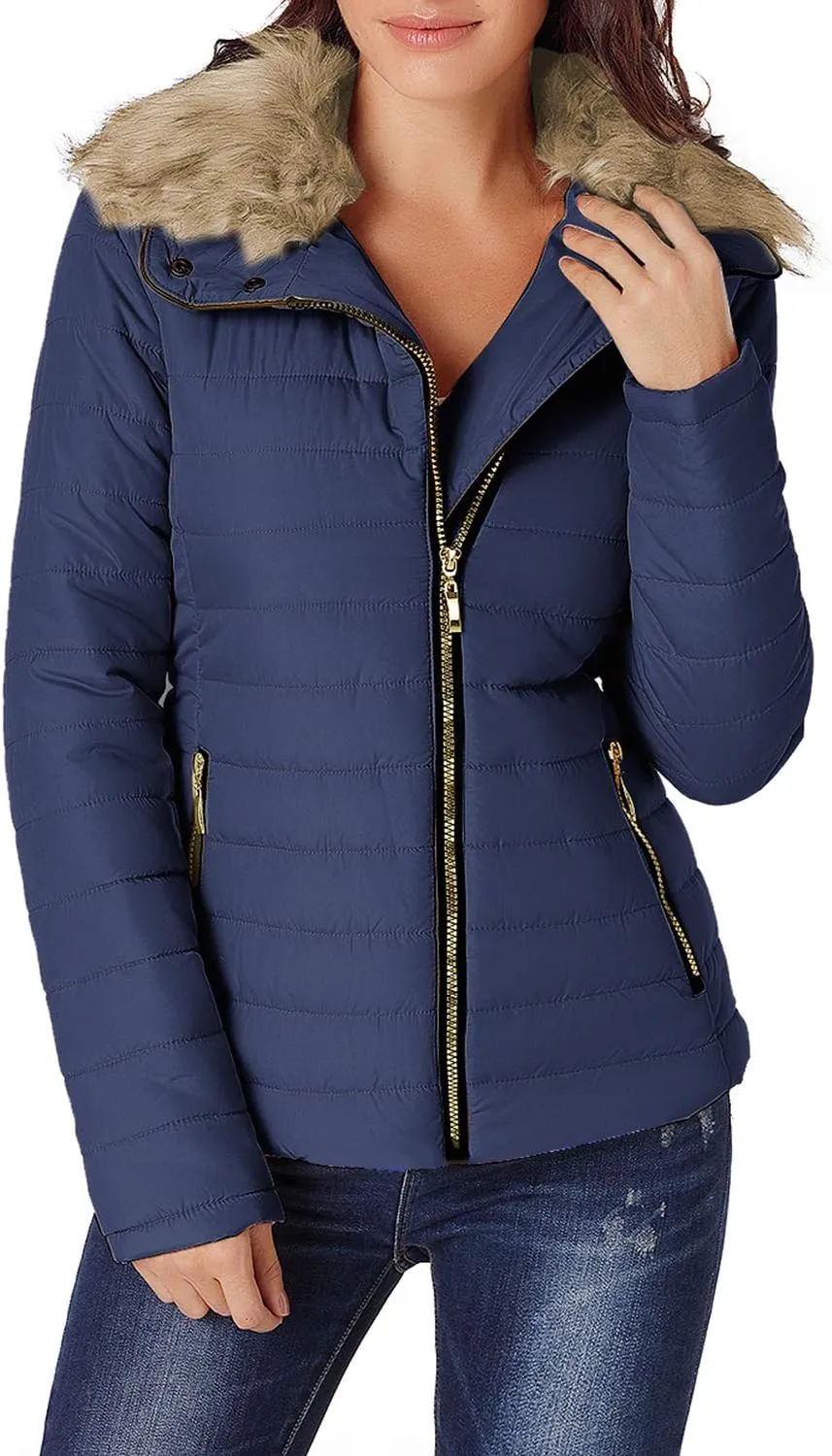 luvamia Women Casual Warm Winter Faux Fur Quilted Parka Lapel Zip Jacket Puffer Coat