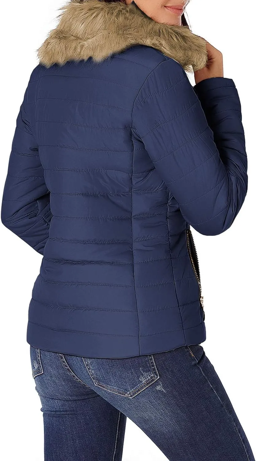 luvamia Women Casual Warm Winter Faux Fur Quilted Parka Lapel Zip Jacket Puffer Coat