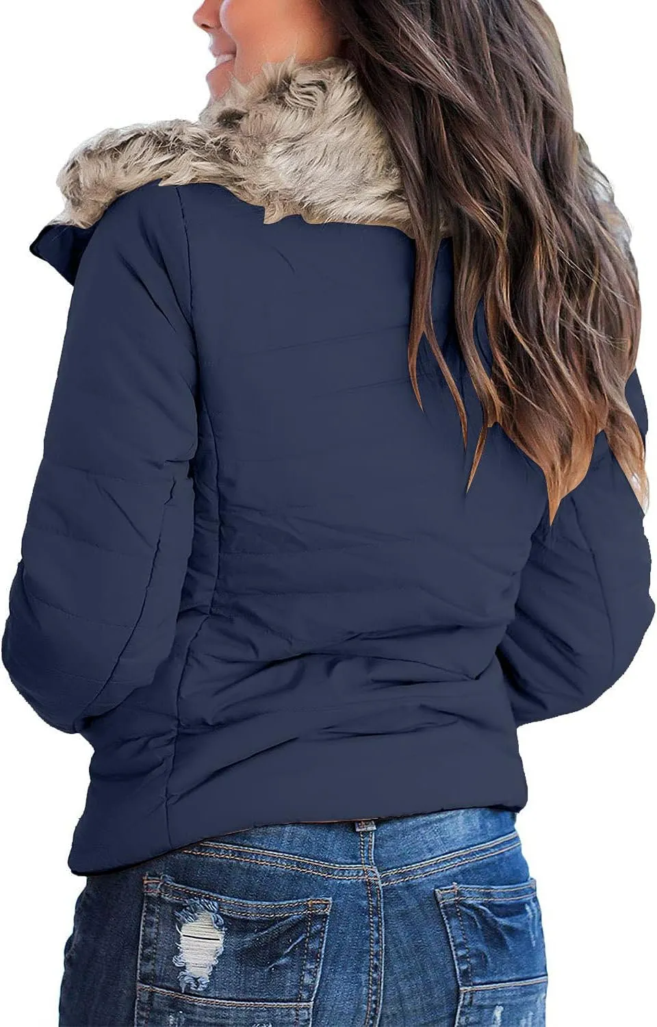luvamia Women Casual Warm Winter Faux Fur Quilted Parka Lapel Zip Jacket Puffer Coat
