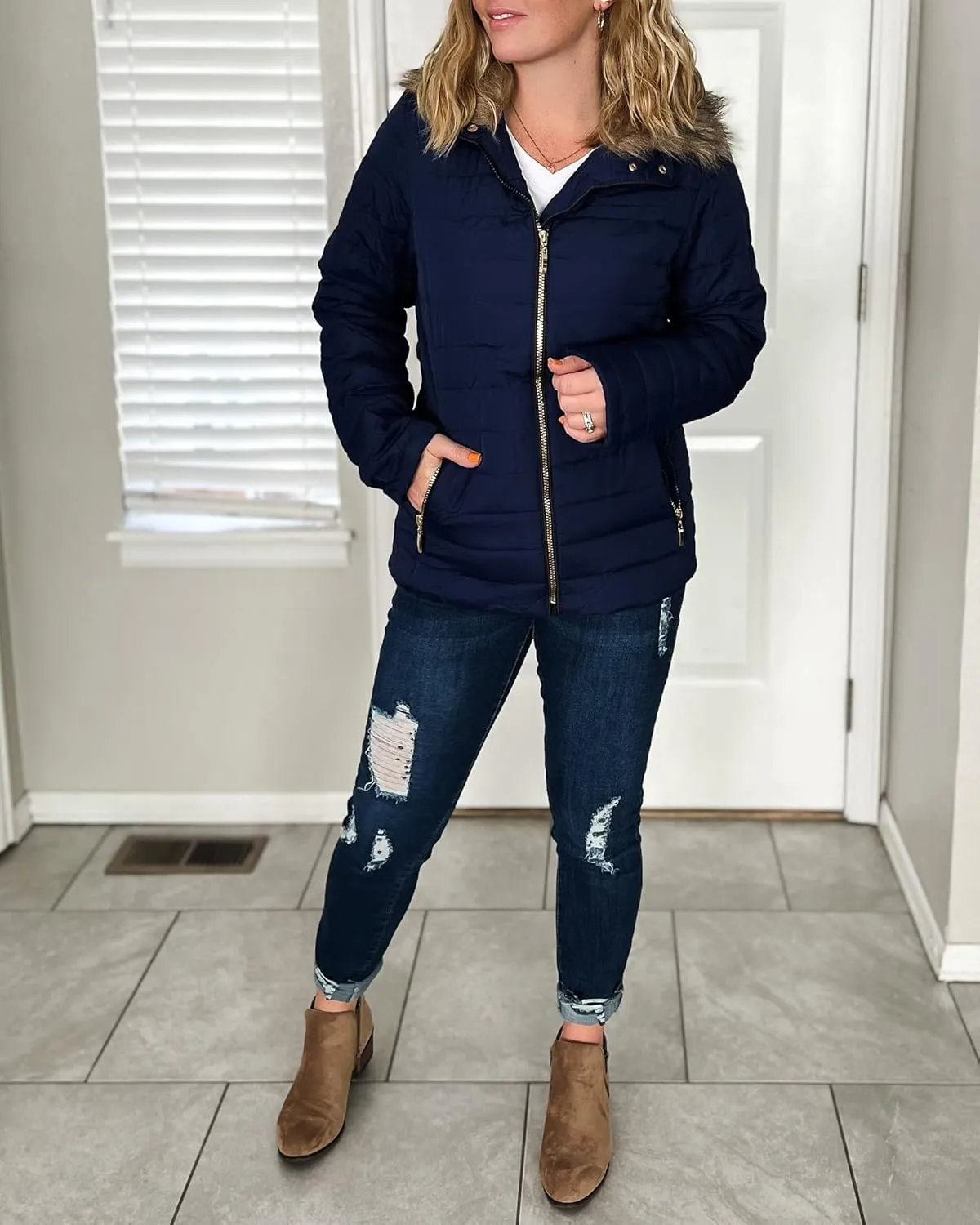 luvamia Women Casual Warm Winter Faux Fur Quilted Parka Lapel Zip Jacket Puffer Coat