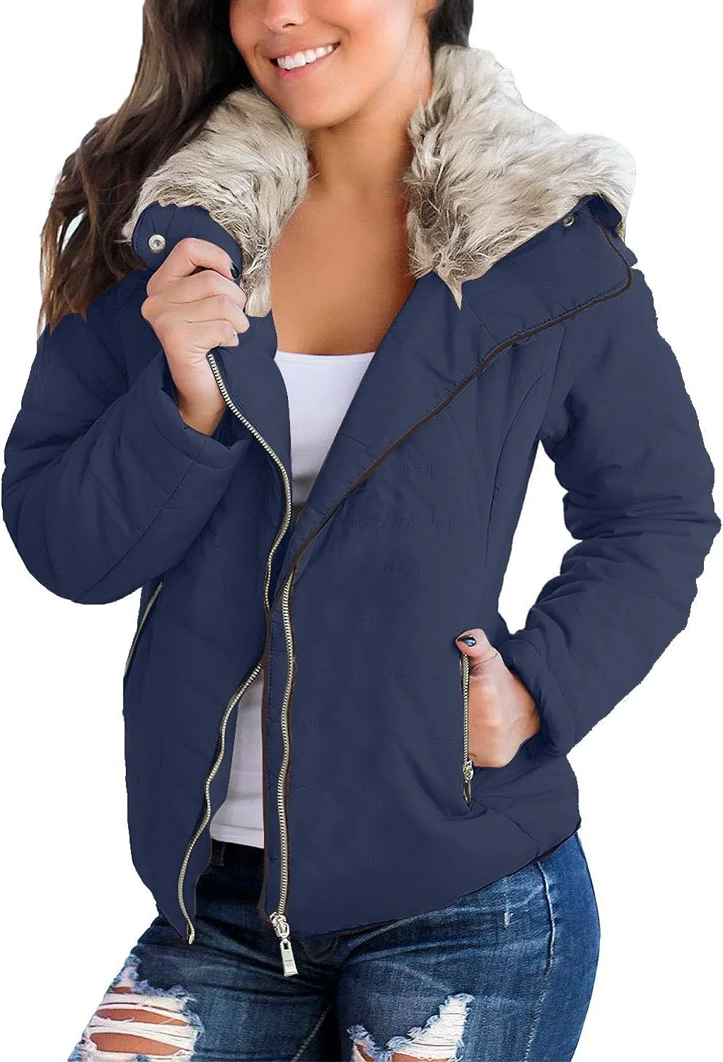 luvamia Women Casual Warm Winter Faux Fur Quilted Parka Lapel Zip Jacket Puffer Coat