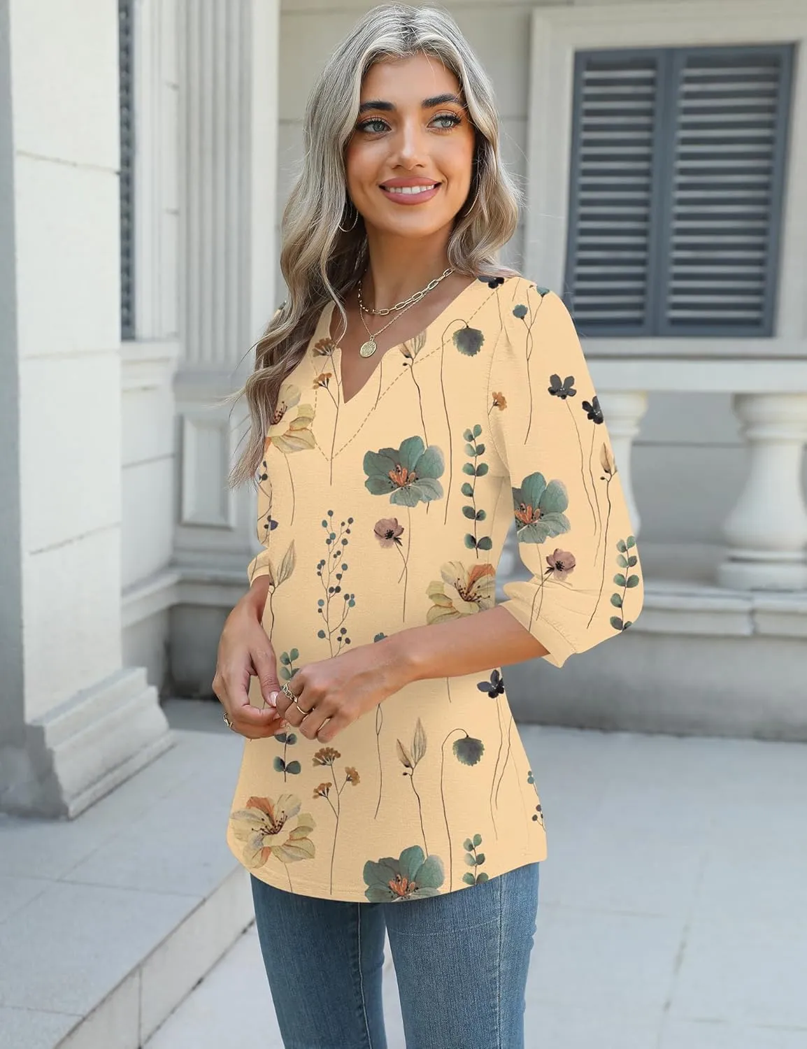LUYAA 3/4 Length Sleeve Womens Tops Dressy Casual V-Neck Puff Sleeve Blouses Business Work Tunic Shirt S-XXL