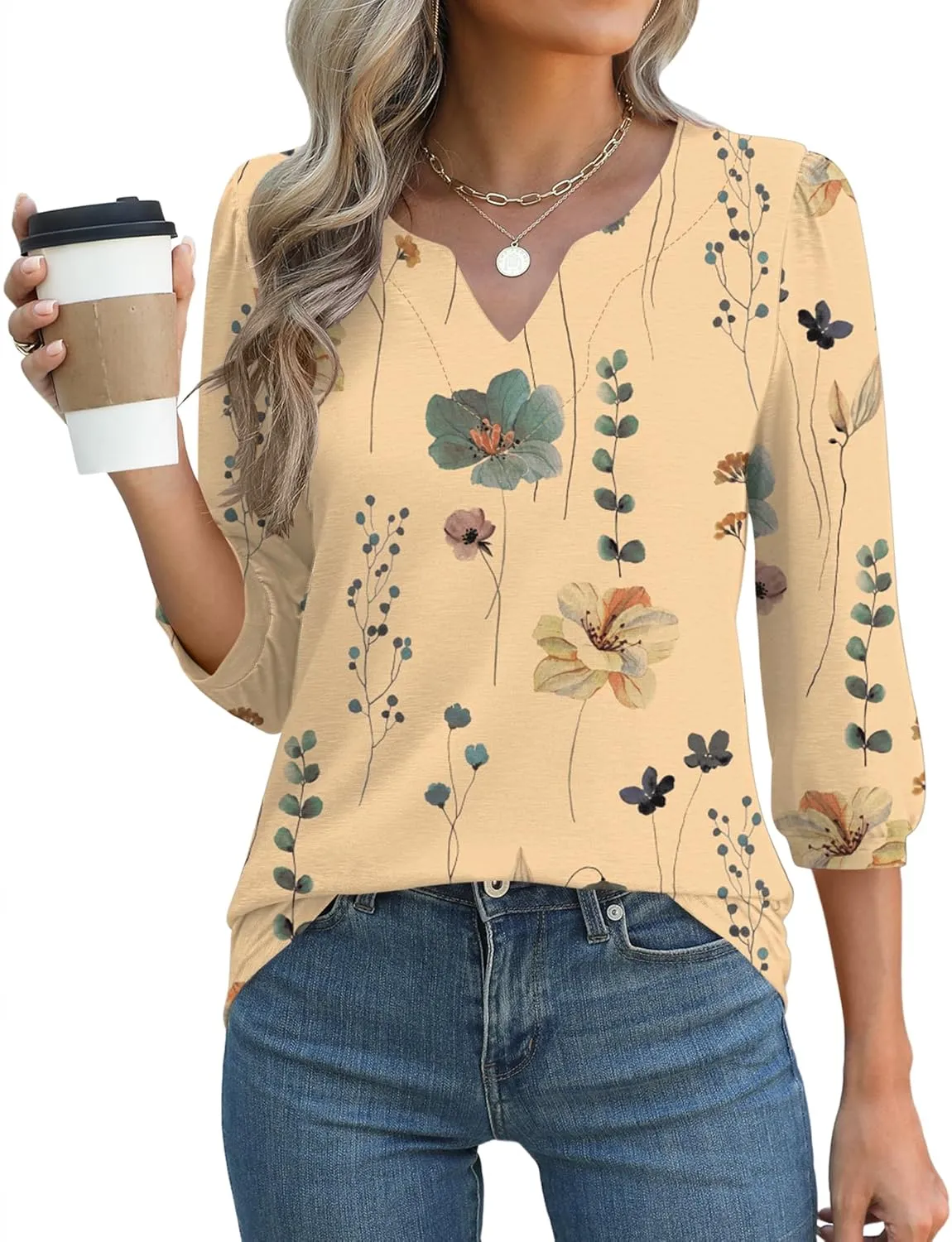 LUYAA 3/4 Length Sleeve Womens Tops Dressy Casual V-Neck Puff Sleeve Blouses Business Work Tunic Shirt S-XXL
