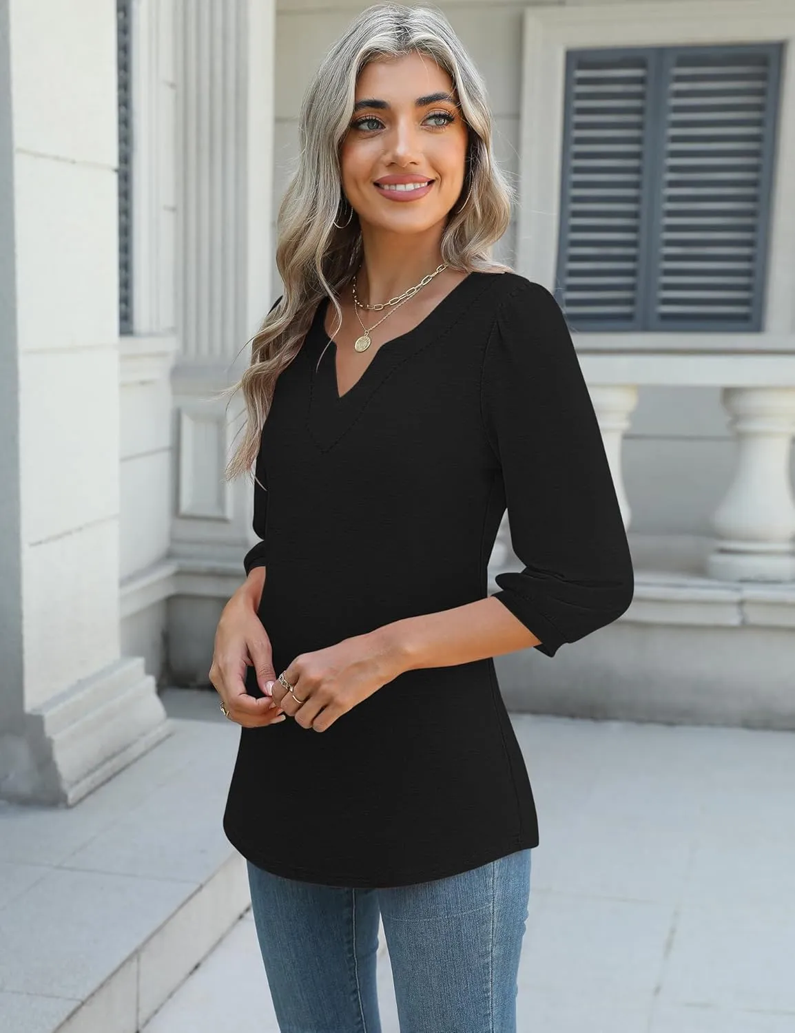 LUYAA 3/4 Length Sleeve Womens Tops Dressy Casual V-Neck Puff Sleeve Blouses Business Work Tunic Shirt S-XXL