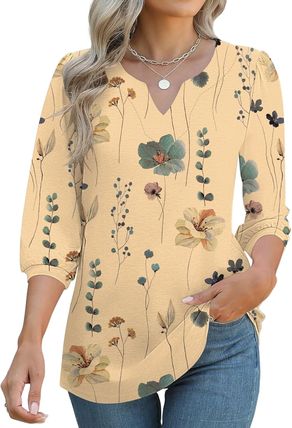 LUYAA 3/4 Length Sleeve Womens Tops Dressy Casual V-Neck Puff Sleeve Blouses Business Work Tunic Shirt S-XXL