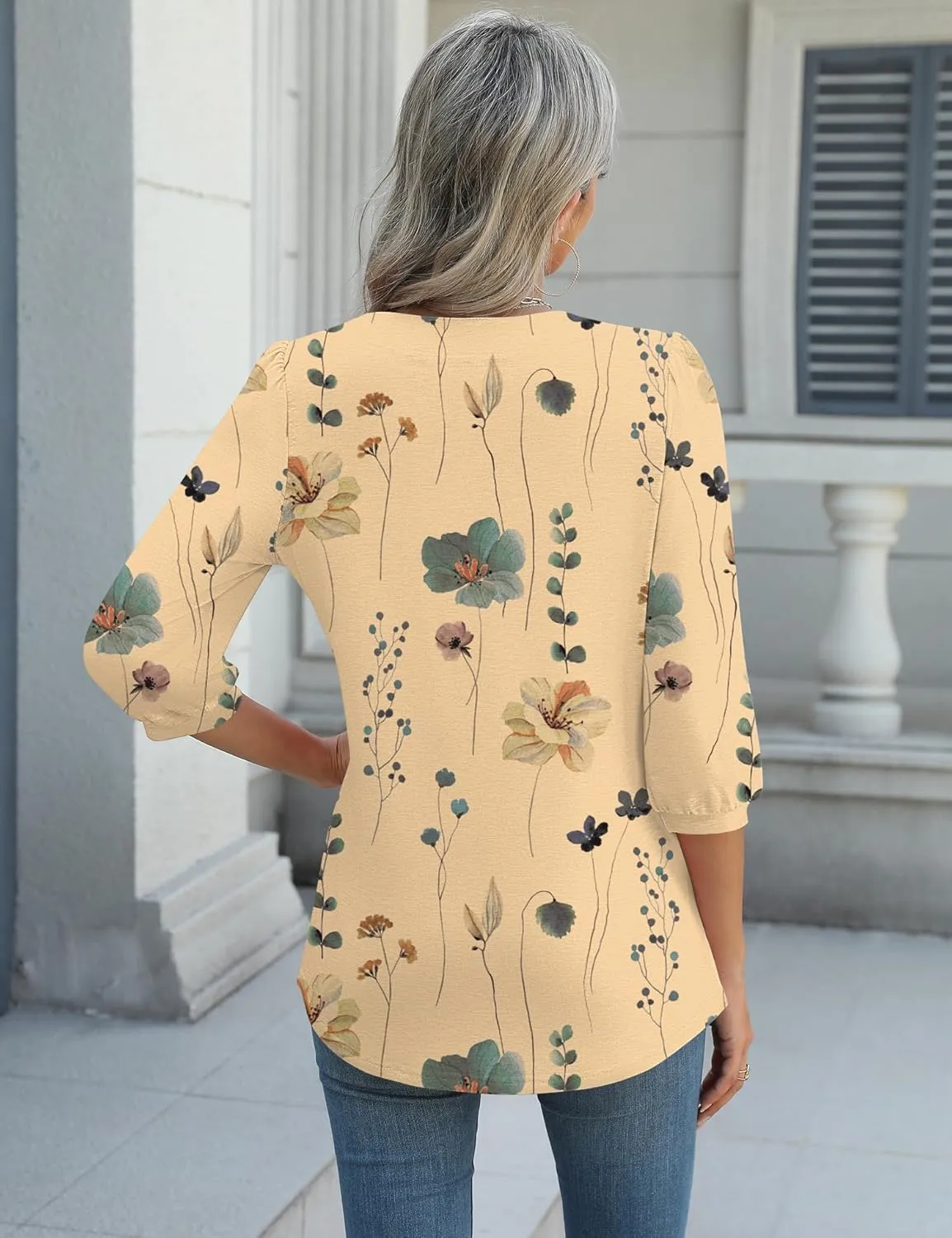 LUYAA 3/4 Length Sleeve Womens Tops Dressy Casual V-Neck Puff Sleeve Blouses Business Work Tunic Shirt S-XXL