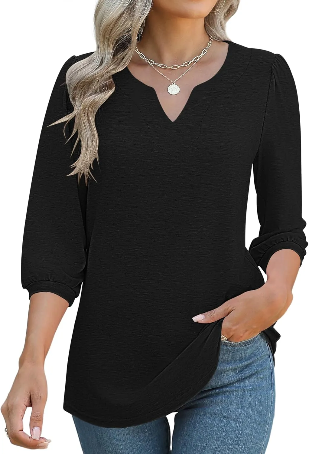 LUYAA 3/4 Length Sleeve Womens Tops Dressy Casual V-Neck Puff Sleeve Blouses Business Work Tunic Shirt S-XXL