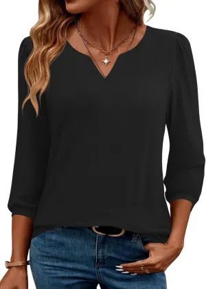 LUYAA 3/4 Length Sleeve Womens Tops Dressy Casual V-Neck Puff Sleeve Blouses Business Work Tunic Shirt S-XXL