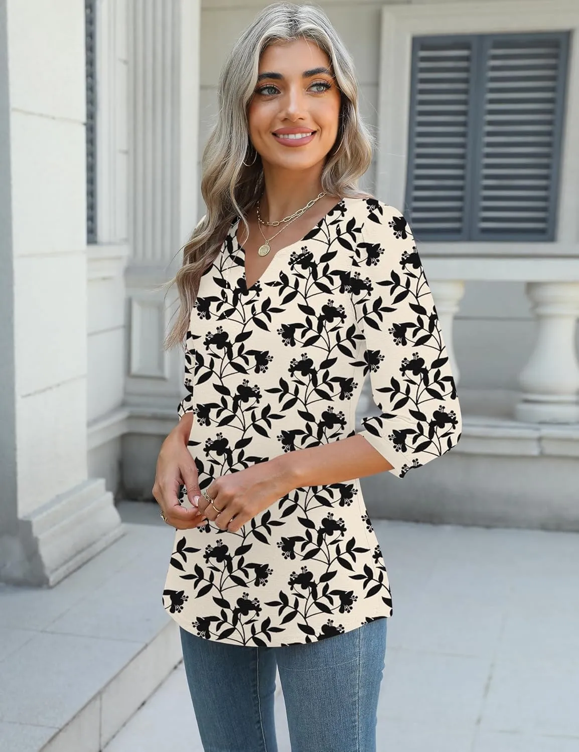 LUYAA 3/4 Length Sleeve Womens Tops Dressy Casual V-Neck Puff Sleeve Blouses Business Work Tunic Shirt S-XXL