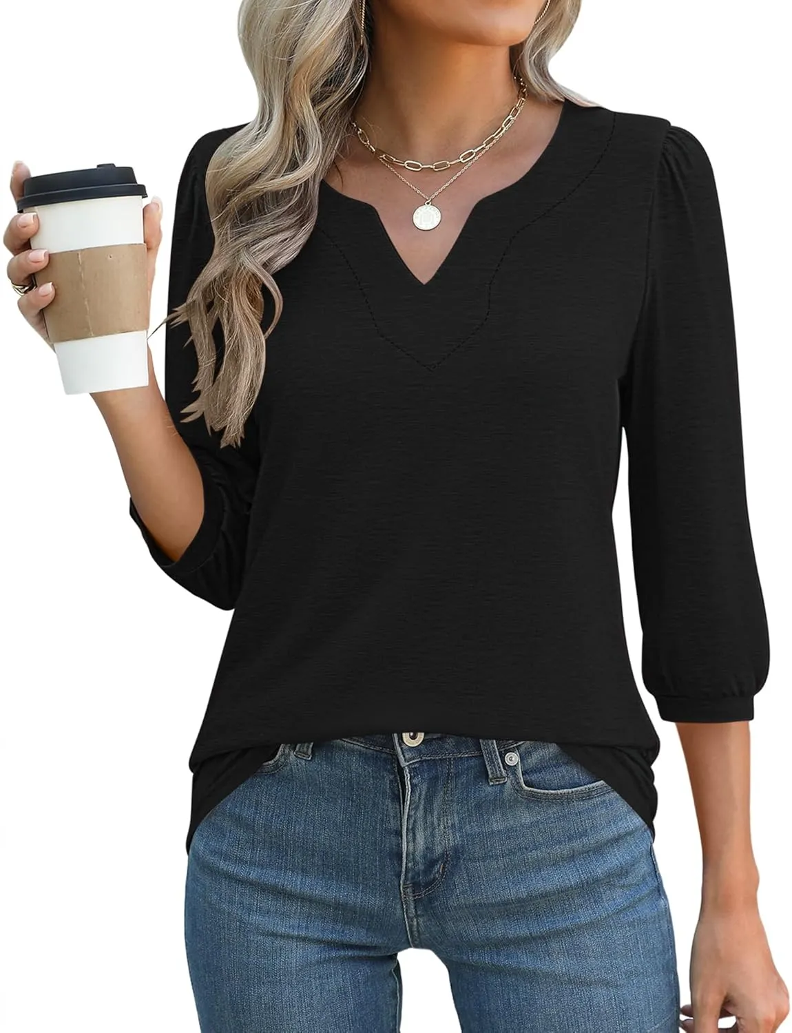 LUYAA 3/4 Length Sleeve Womens Tops Dressy Casual V-Neck Puff Sleeve Blouses Business Work Tunic Shirt S-XXL