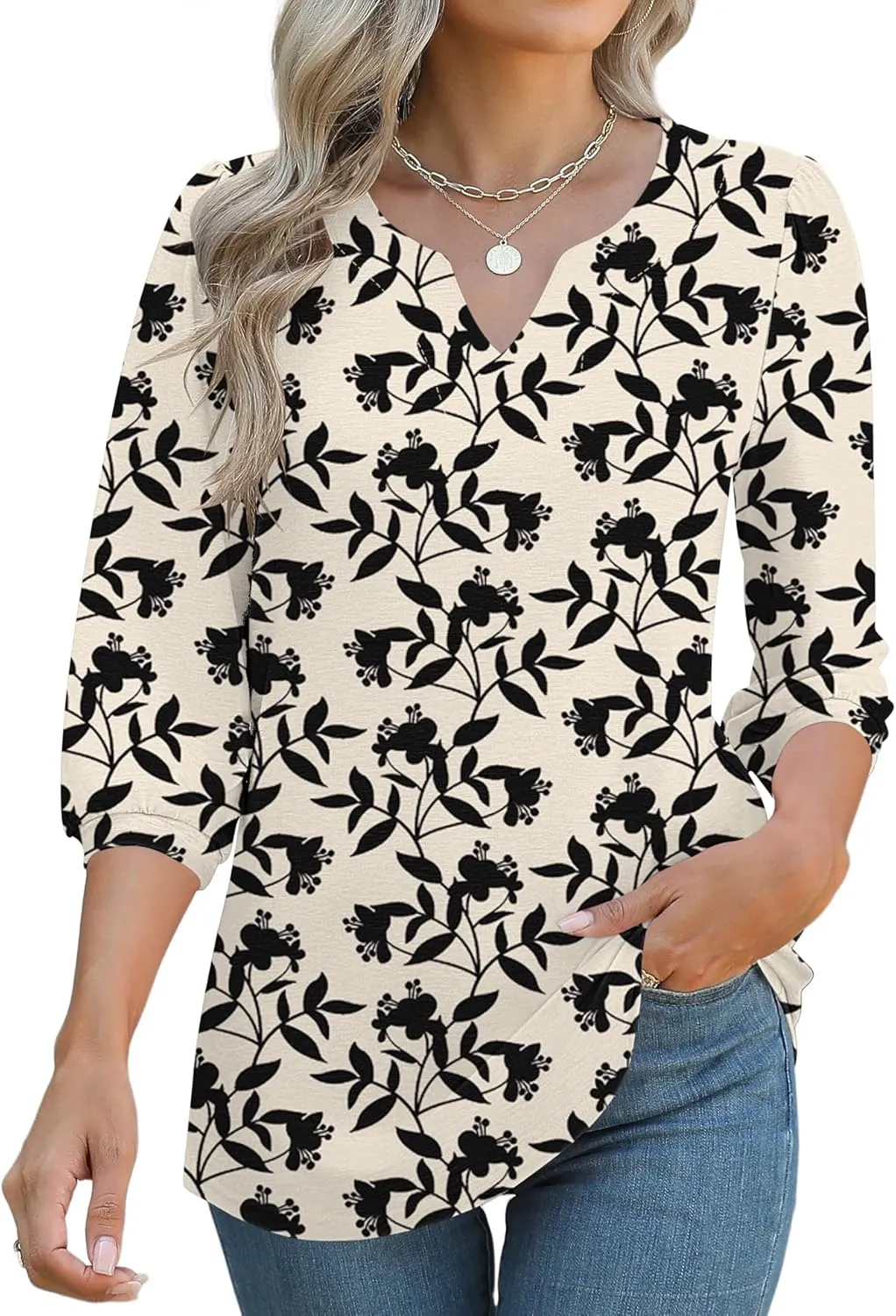 LUYAA 3/4 Length Sleeve Womens Tops Dressy Casual V-Neck Puff Sleeve Blouses Business Work Tunic Shirt S-XXL