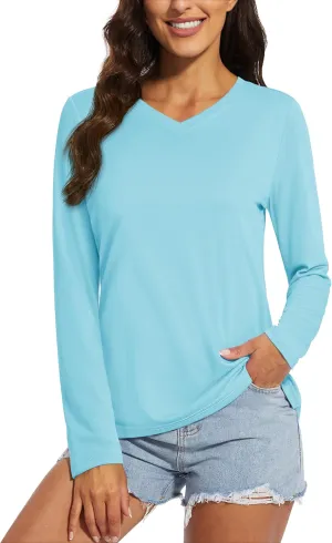 MAGCOMSEN SPF Shirts for Women Long Sleeve Workout Tops V-Neck UPF 50  UV Sun Shirt Quick Dry Performance Tees Swim Tops