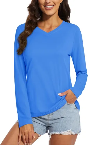 MAGCOMSEN SPF Shirts for Women Long Sleeve Workout Tops V-Neck UPF 50  UV Sun Shirt Quick Dry Performance Tees Swim Tops