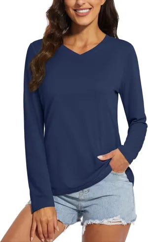 MAGCOMSEN SPF Shirts for Women Long Sleeve Workout Tops V-Neck UPF 50  UV Sun Shirt Quick Dry Performance Tees Swim Tops