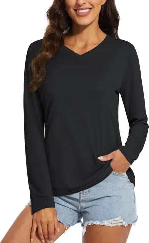 MAGCOMSEN SPF Shirts for Women Long Sleeve Workout Tops V-Neck UPF 50  UV Sun Shirt Quick Dry Performance Tees Swim Tops