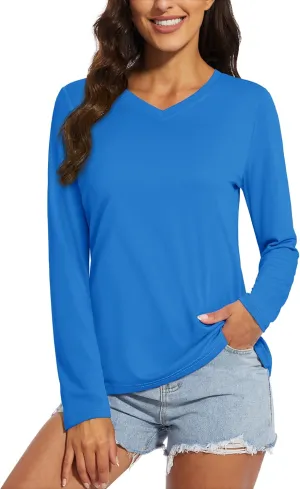 MAGCOMSEN SPF Shirts for Women Long Sleeve Workout Tops V-Neck UPF 50  UV Sun Shirt Quick Dry Performance Tees Swim Tops